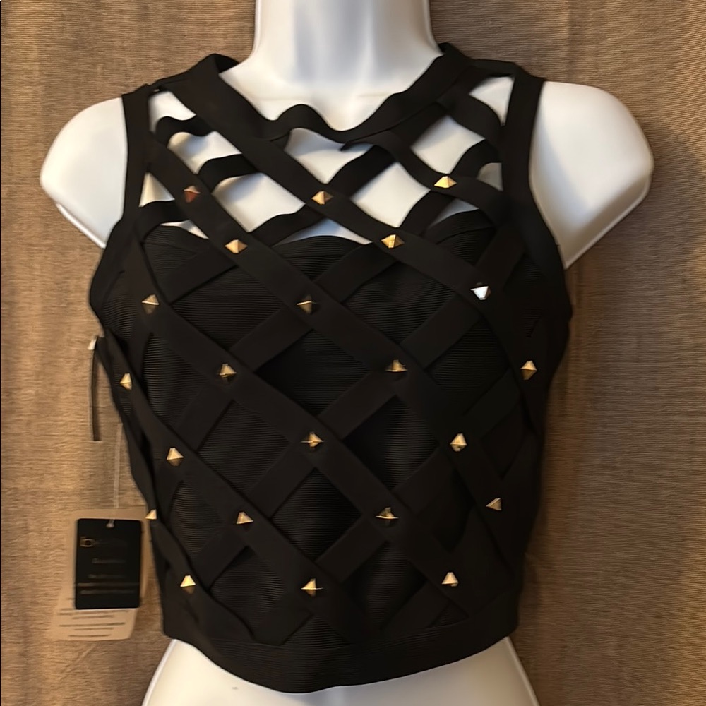 Bebe Black Crisscross Tank with Gold Accents